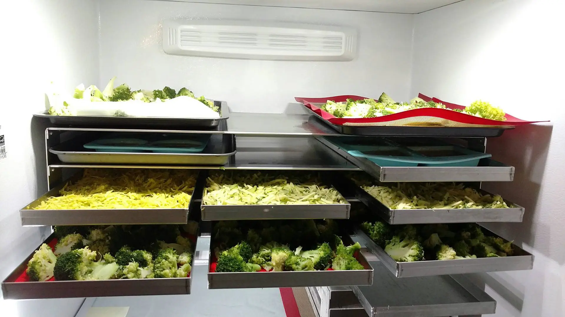 A kitchen with trays of broccoli and other vegetables.