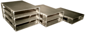 A close up of two metal boxes on top of each other.