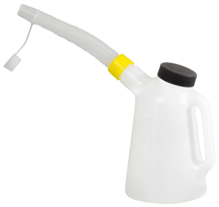 A white watering can with a yellow top.