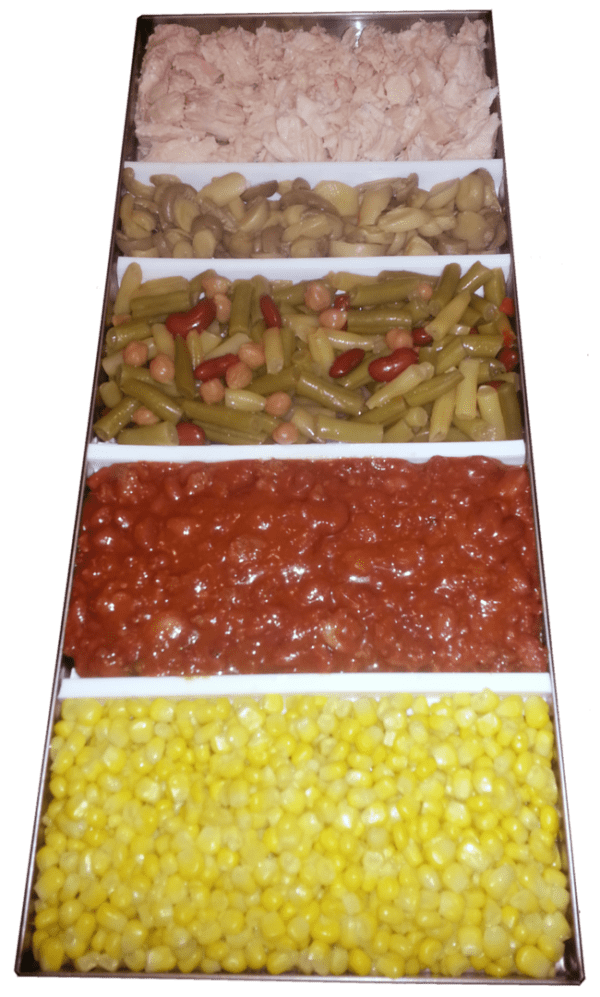 A variety of different foods in a box.