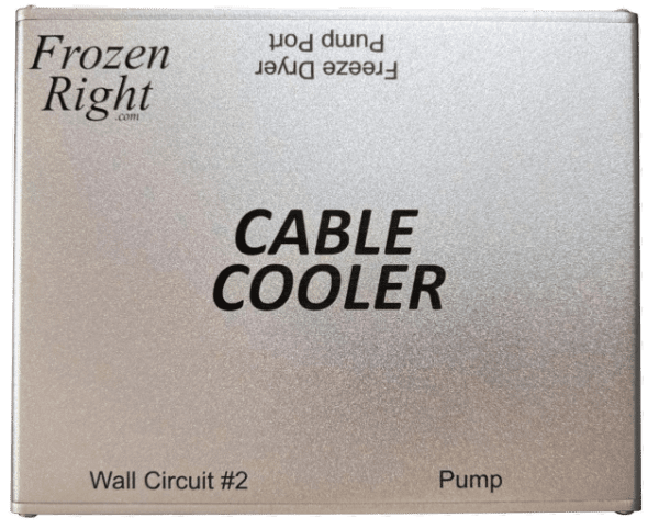 A metallic sign displays "Frozen Right," "Cable Cooler," and "Wall Circuit #2 Pump" text, along with an inverted "Freeze Dryer Pump Port.