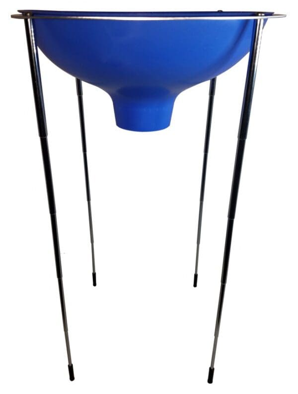 A blue plastic tank sitting on top of a metal stand.