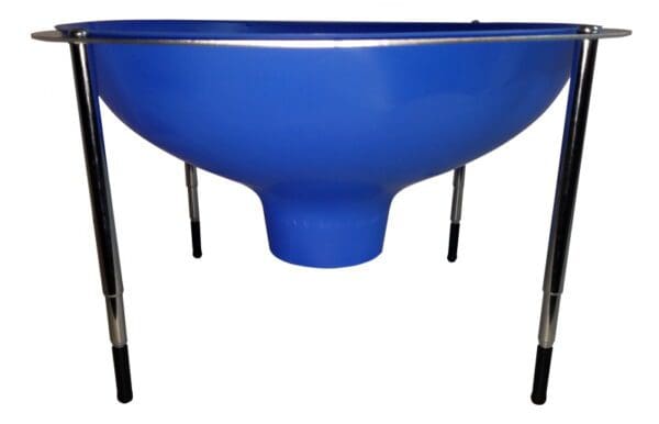 A blue bowl sitting on top of a metal stand.