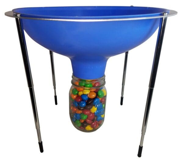 A blue bowl with candy in it