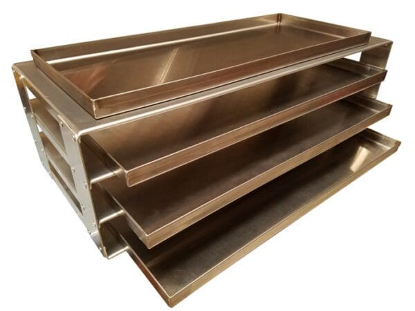 A metal tray with four trays stacked on top of each other.