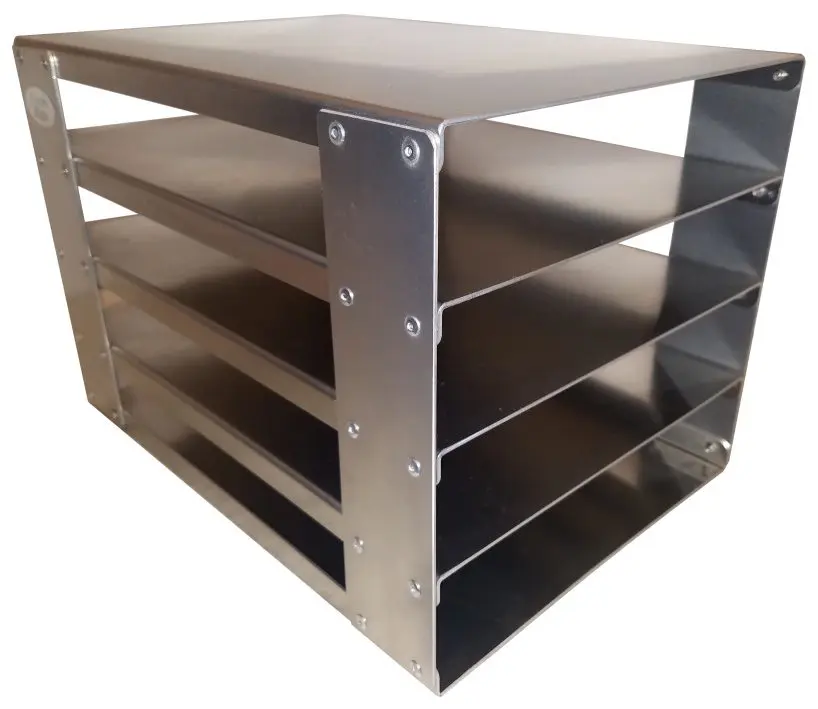 A metal rack with four levels of trays.