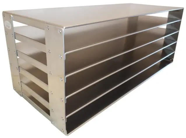 A metal shelf with many shelves on top of it.