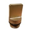 A gold colored metal container with a black lid.