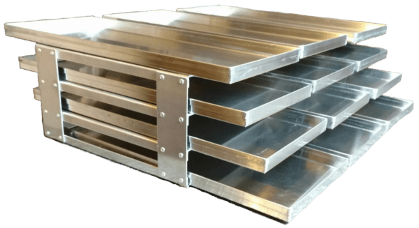 A metal tray with four trays stacked on top of each other.