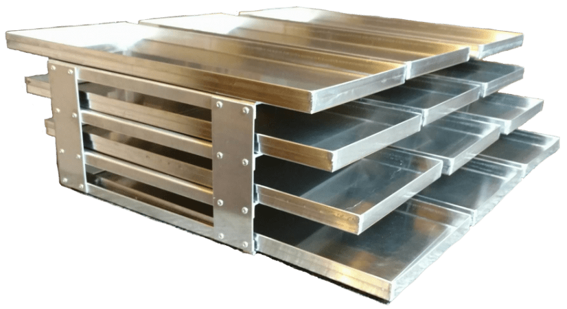 A metal tray with multiple trays stacked on top of each other.