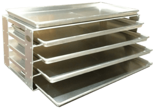 A metal tray with four trays stacked on top of each other.